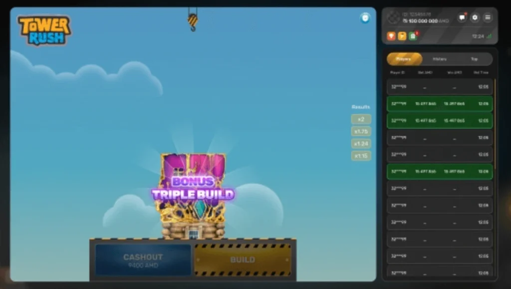 Tower Rush Triple Build bonus floor, with the BONUS TRIPLE BUILD panel above the CASHOUT and BUILD buttons