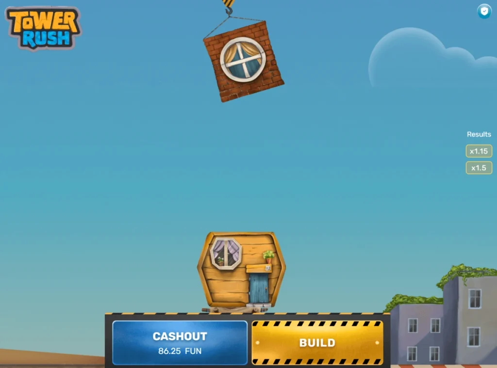 Tower Rush by Galaxsys open in a desktop browser, with the bet controls and the BUILD button below the rising tower